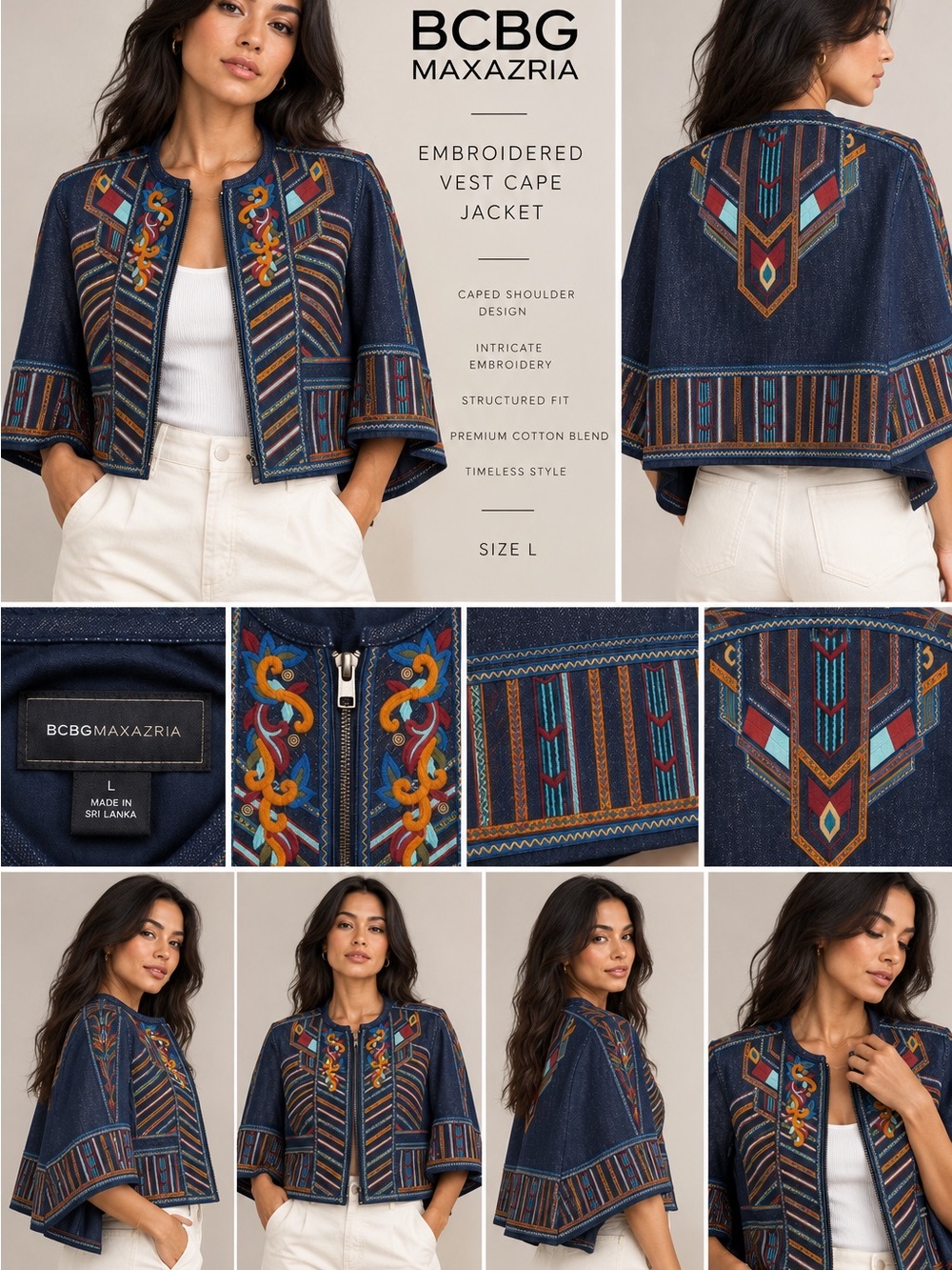 BCBGMaxAzria Navy Embroidered Cape Jacket with Multicolor Tribal Stitching